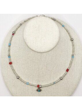 Handmade Silver Beaded Necklace with Scosha Turquoise Eye Pendant